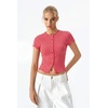 QINSEN Women’s Crewneck Short Sleeve T Shirts Ribbed Button Going Out Trendy Tops(Red-pink)