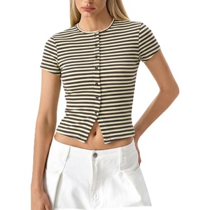 QINSEN Women’s Crewneck Short Sleeve T Shirts Ribbed Button Going Out Trendy Tops(Brown-beige)