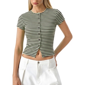 QINSEN Women’s Crewneck Short Sleeve T Shirts Ribbed Button Going Out Trendy Tops(Grey-green)