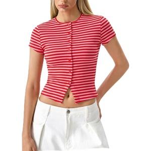 QINSEN Women’s Crewneck Short Sleeve T Shirts Ribbed Button Going Out Trendy Tops(Red-pink)