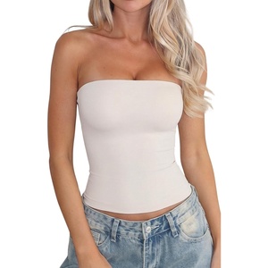 QINSEN Women’s Tube Top Double Lined Strapless Bandeau Top Summer Slim Fit Going Out Tank Tops(Beige)