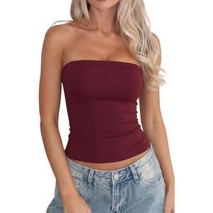 QINSEN Women’s Tube Top Double Lined Strapless Bandeau Top Summer Slim Fit Going Out Tank Tops(Burgundy)