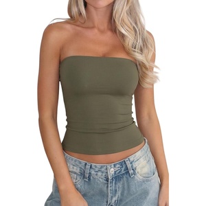 QINSEN Women’s Tube Top Double Lined Strapless Bandeau Top Summer Slim Fit Going Out Tank Tops(Olive Green)