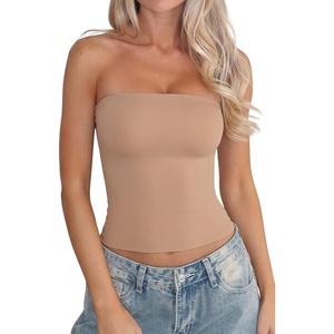 QINSEN Women’s Tube Top Double Lined Strapless Bandeau Top Summer Slim Fit Going Out Tank Tops(Tan)