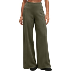 QINSEN Women’s Wide Leg Yoga Pants High Waisted Zipper Pockets Stretchy Palazzo Pants with Drawstring Hem(Army Green)