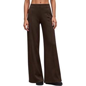 QINSEN Women’s Wide Leg Yoga Pants High Waisted Zipper Pockets Stretchy Palazzo Pants with Drawstring Hem(Brown)