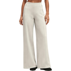 QINSEN Women’s Wide Leg Yoga Pants High Waisted Zipper Pockets Stretchy Palazzo Pants with Drawstring Hem(Light Ivory)