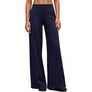 QINSEN Women’s Wide Leg Yoga Pants High Waisted Zipper Pockets Stretchy Palazzo Pants with Drawstring Hem(Navy)