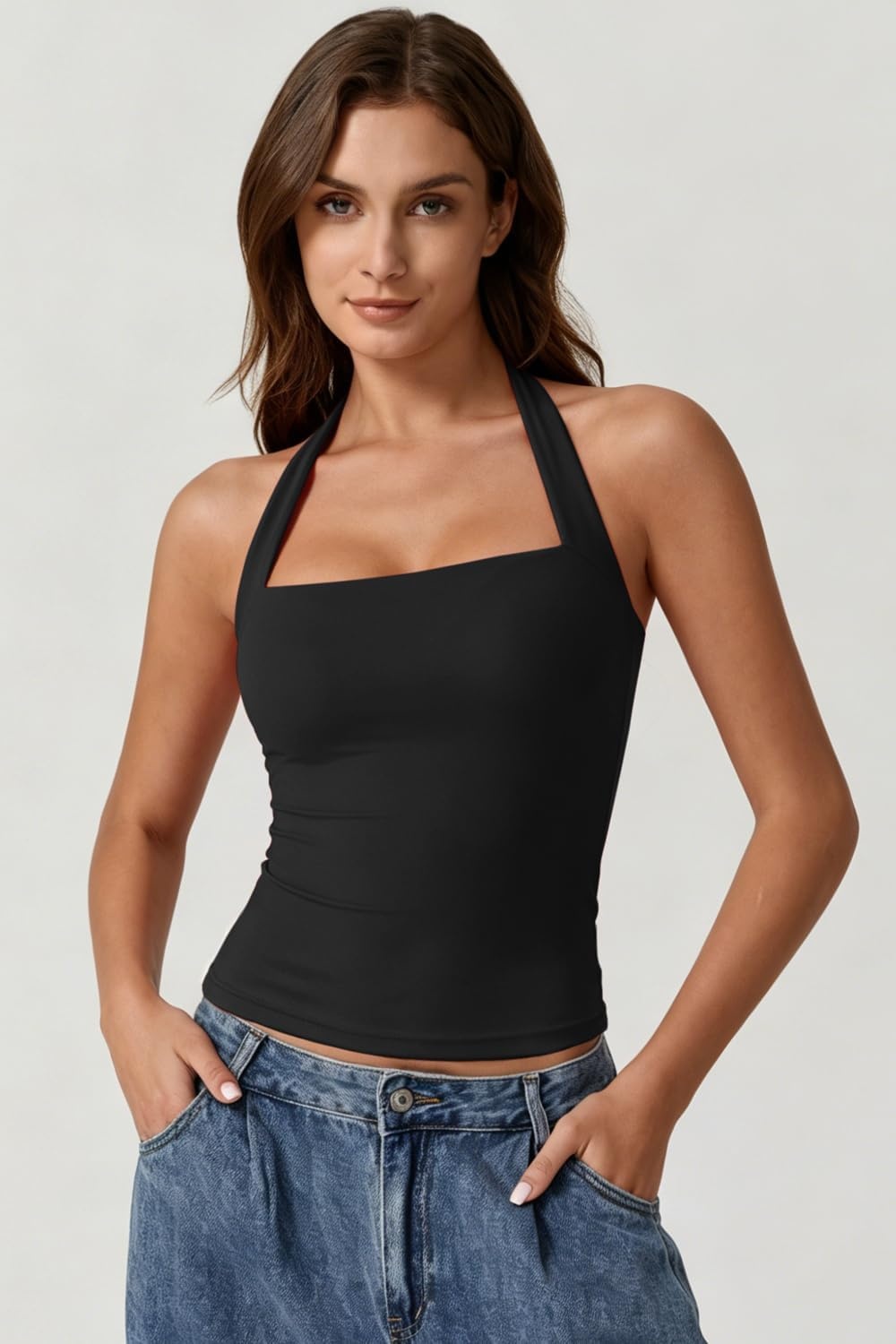 image:imageQINSEN Womens Halter Tank Top Button Closure Cropped Going Out Cami TopsBlack