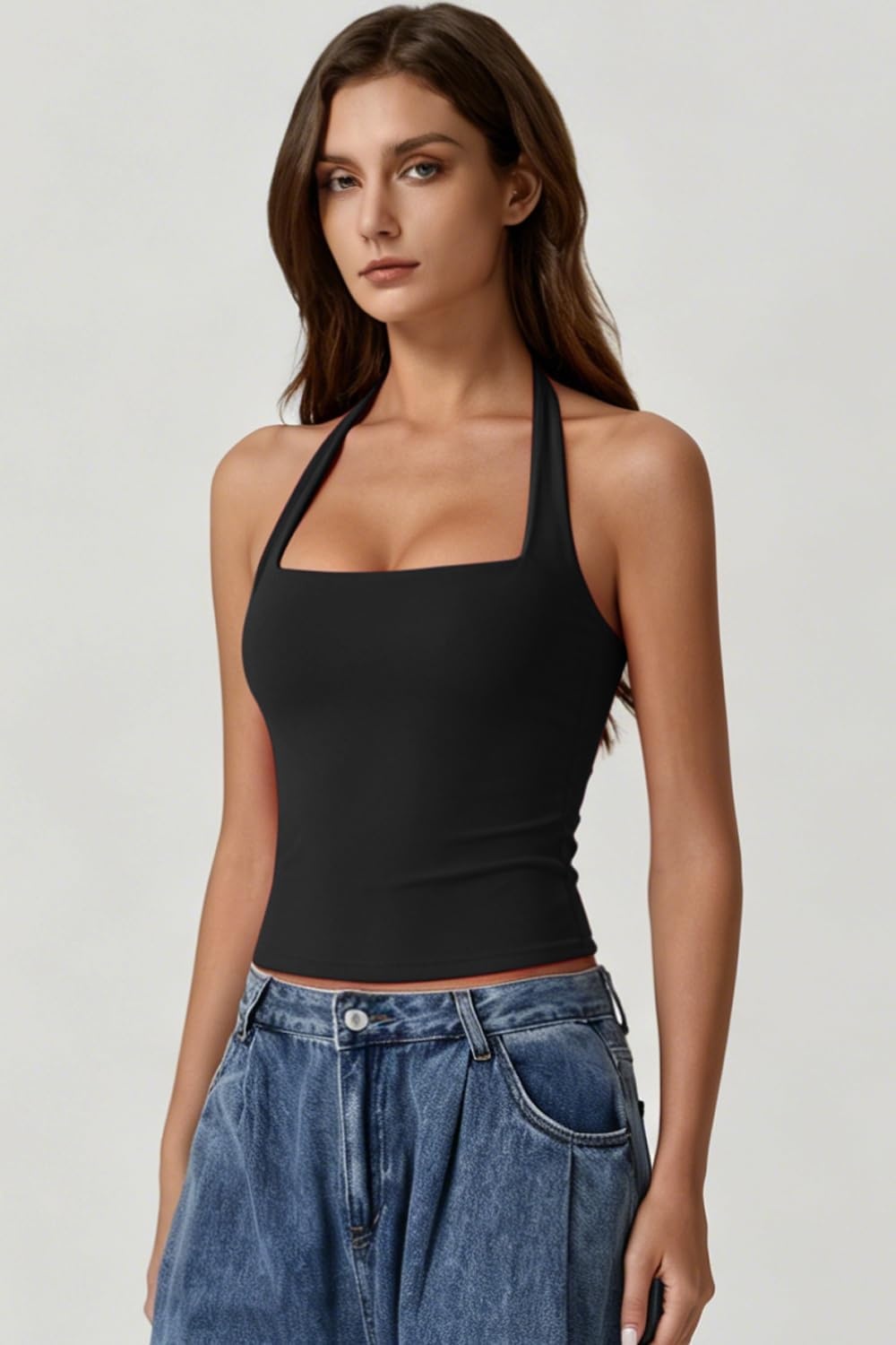 image:imageQINSEN Womens Halter Tank Top Button Closure Cropped Going Out Cami TopsBlack