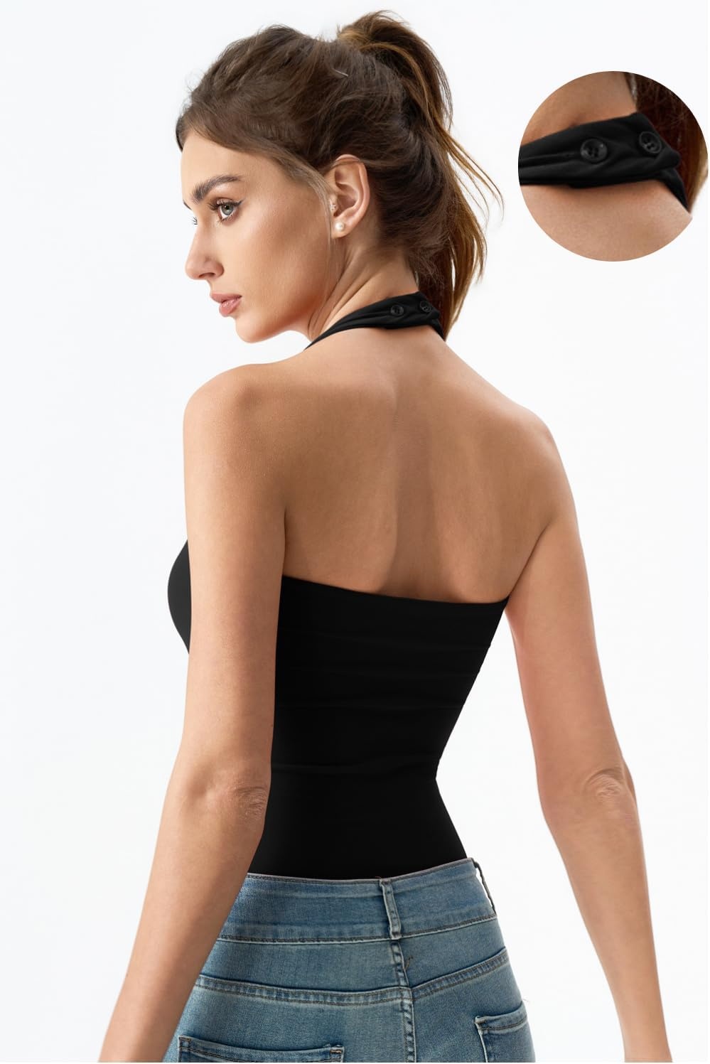 image:imageQINSEN Womens Halter Tank Top Button Closure Cropped Going Out Cami TopsBlack