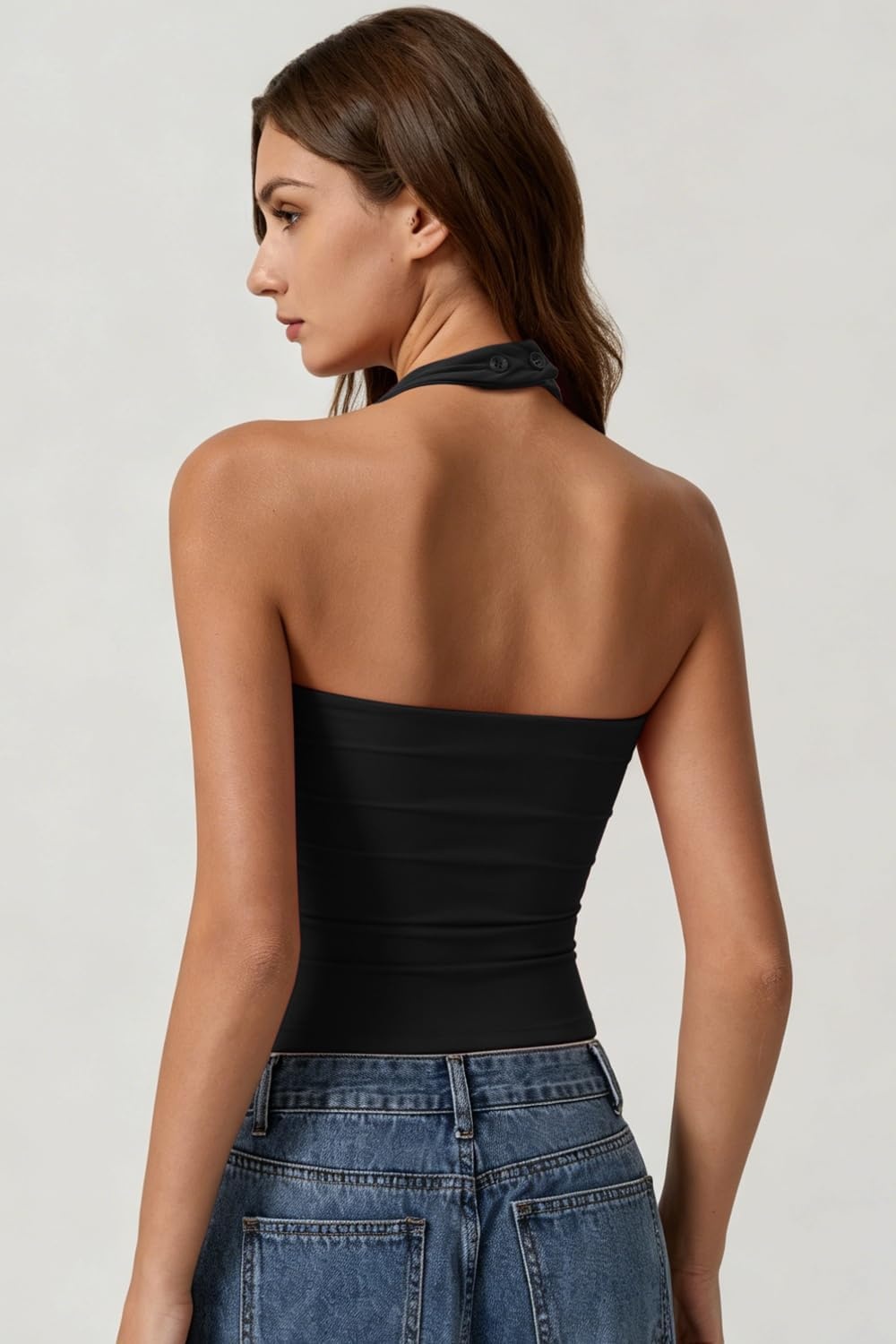 image:imageQINSEN Womens Halter Tank Top Button Closure Cropped Going Out Cami TopsBlack