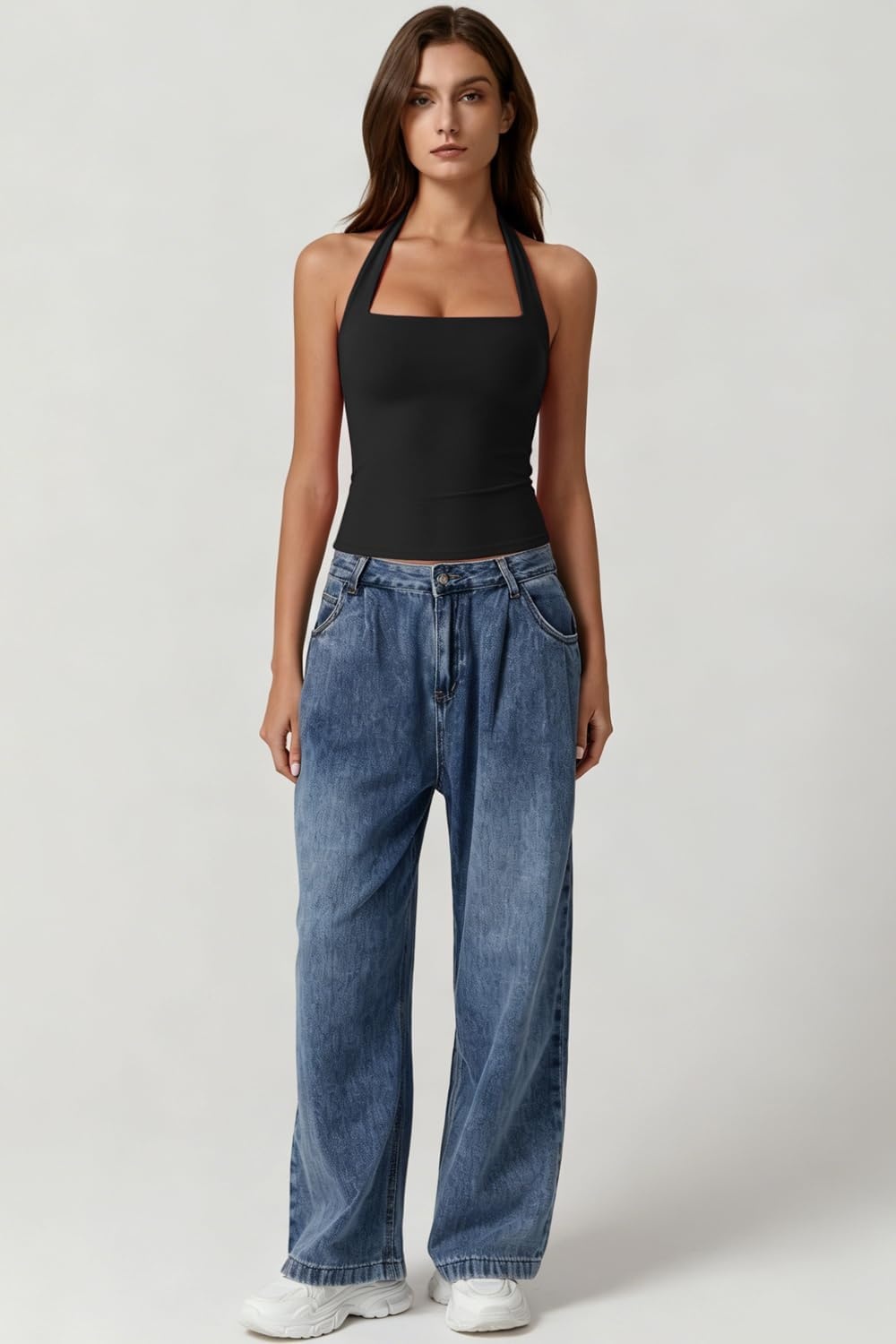 image:imageQINSEN Womens Halter Tank Top Button Closure Cropped Going Out Cami TopsBlack