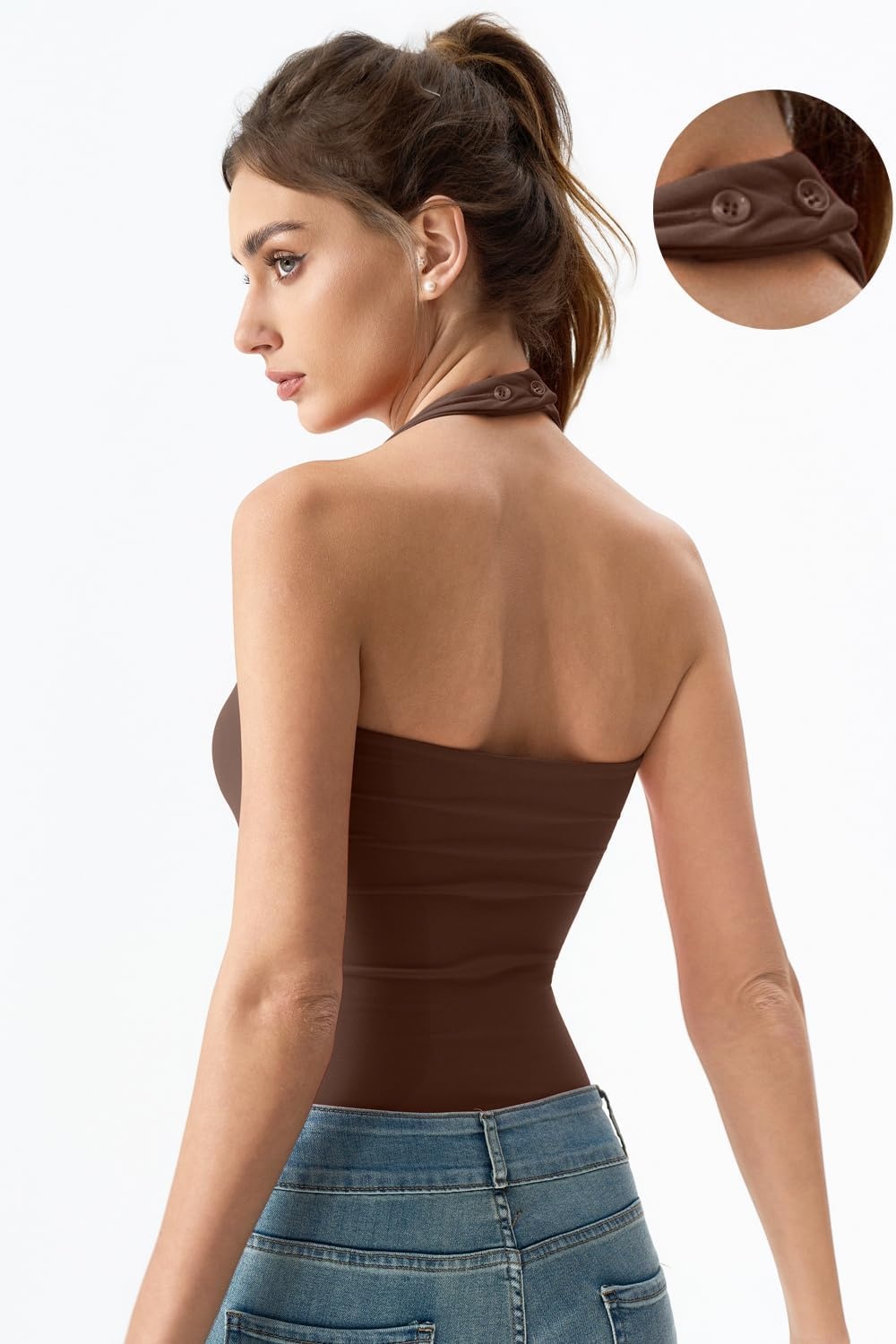 image:imageQINSEN Womens Halter Tank Top Button Closure Cropped Going Out Cami TopsChestnut