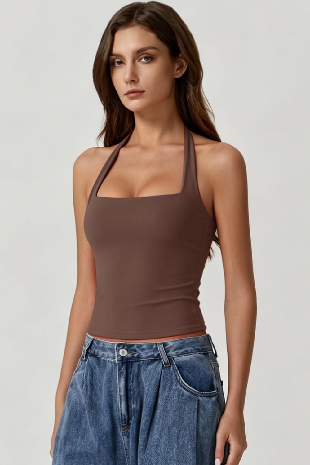 image:imageQINSEN Womens Halter Tank Top Button Closure Cropped Going Out Cami TopsChestnut