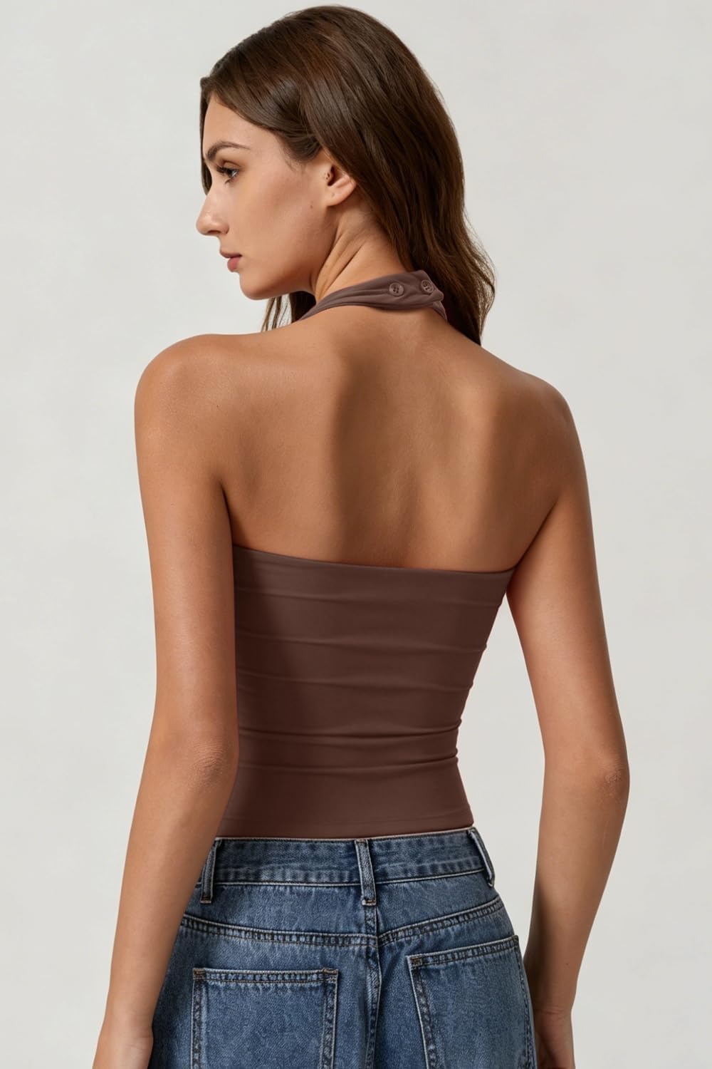image:imageQINSEN Womens Halter Tank Top Button Closure Cropped Going Out Cami TopsChestnut
