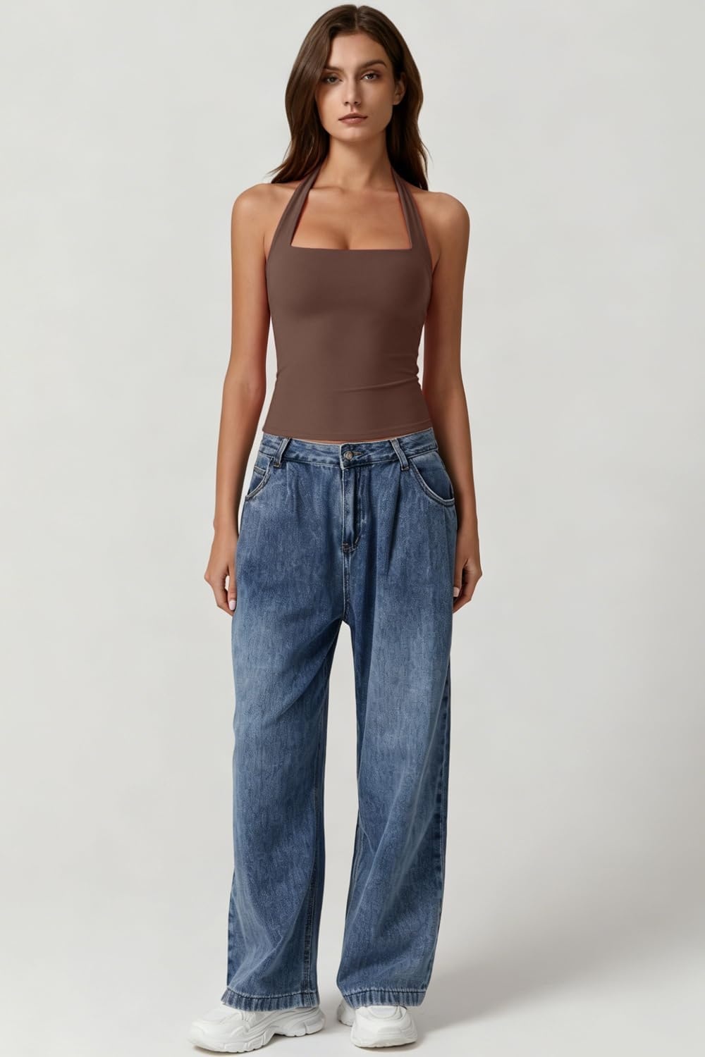 image:imageQINSEN Womens Halter Tank Top Button Closure Cropped Going Out Cami TopsChestnut