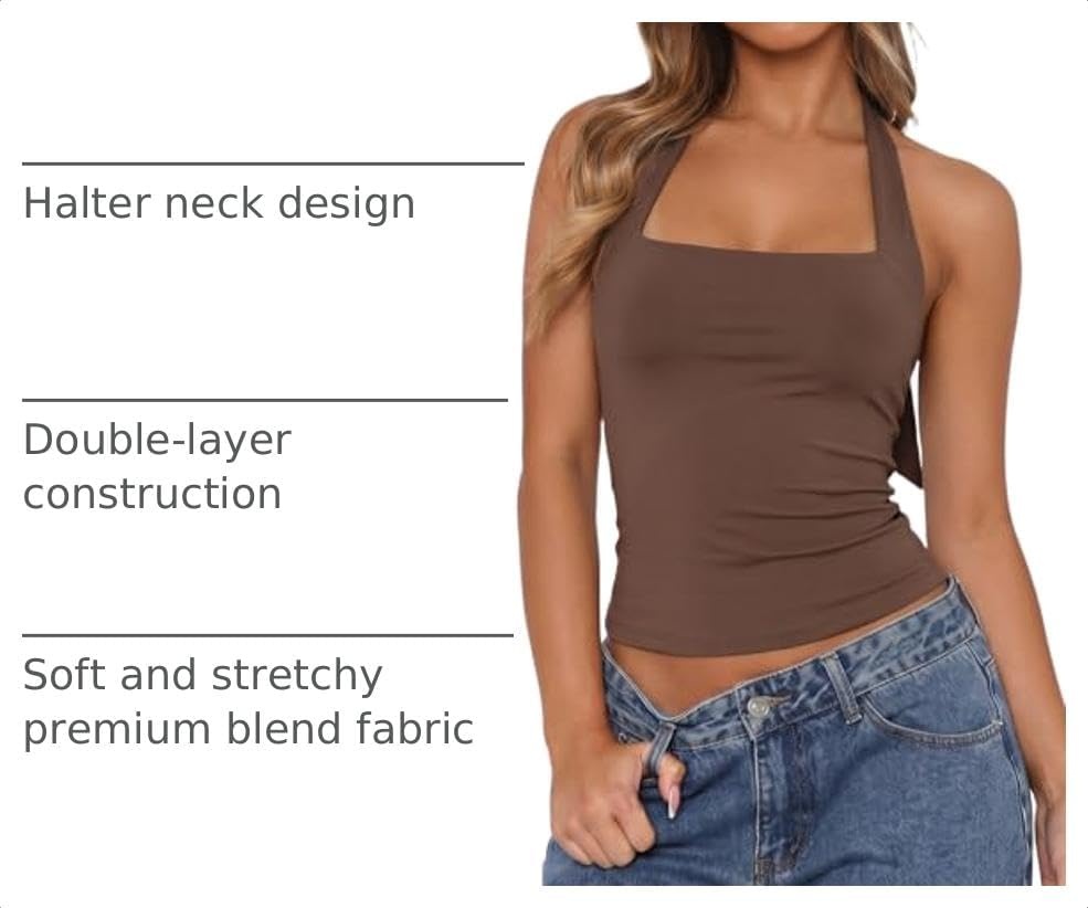 image:imageQINSEN Womens Halter Tank Top Button Closure Cropped Going Out Cami TopsChestnut