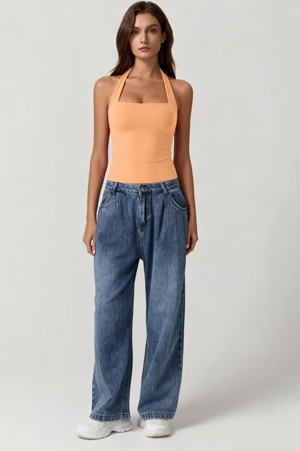 image:imageQINSEN Womens Halter Tank Top Button Closure Cropped Going Out Cami TopsCoral