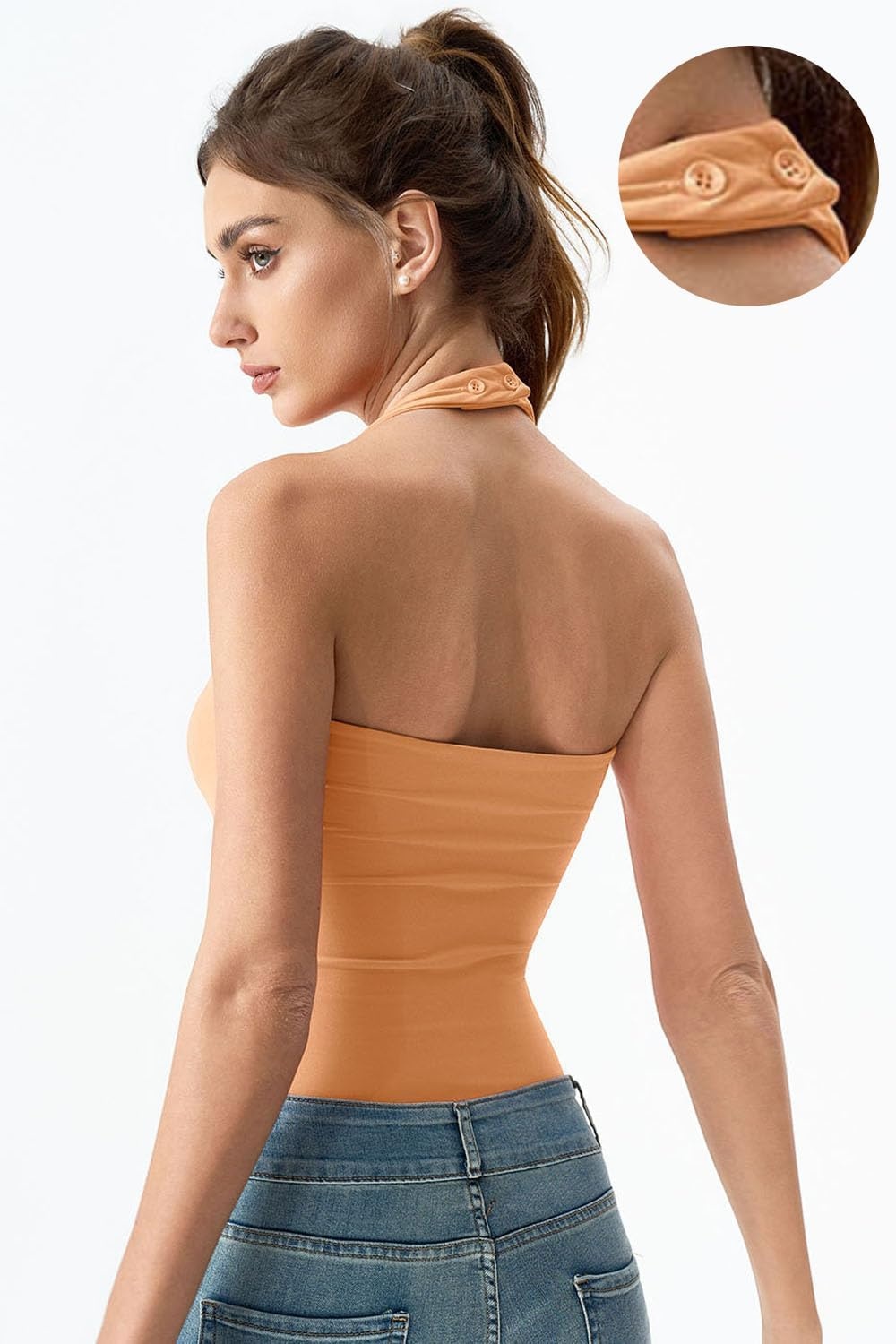 image:imageQINSEN Womens Halter Tank Top Button Closure Cropped Going Out Cami TopsCoral