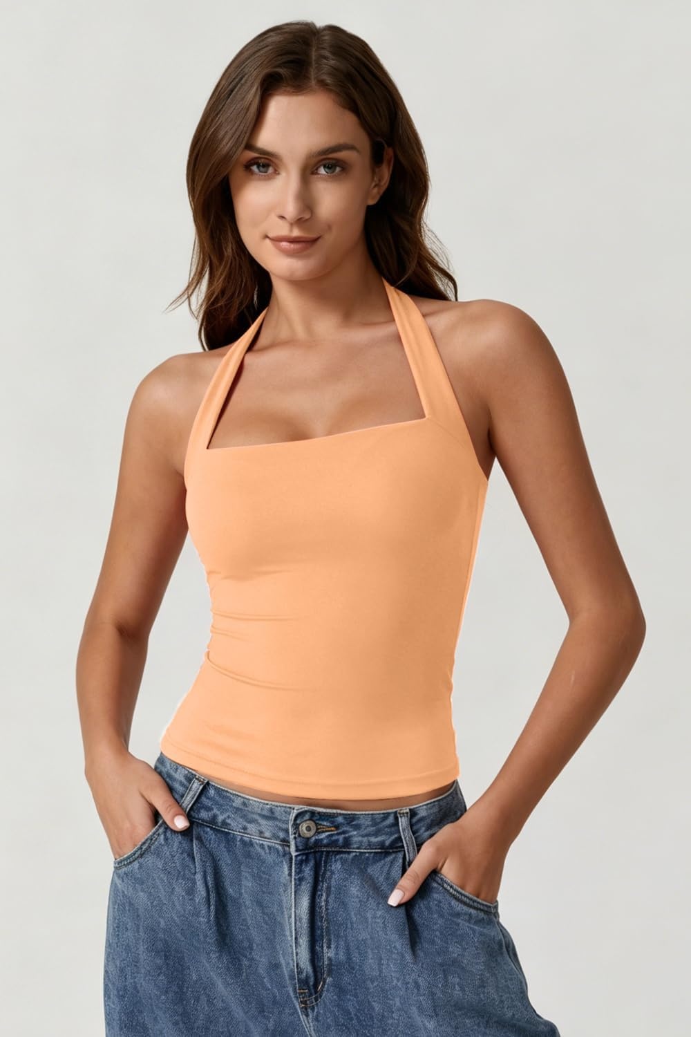 image:imageQINSEN Womens Halter Tank Top Button Closure Cropped Going Out Cami TopsCoral