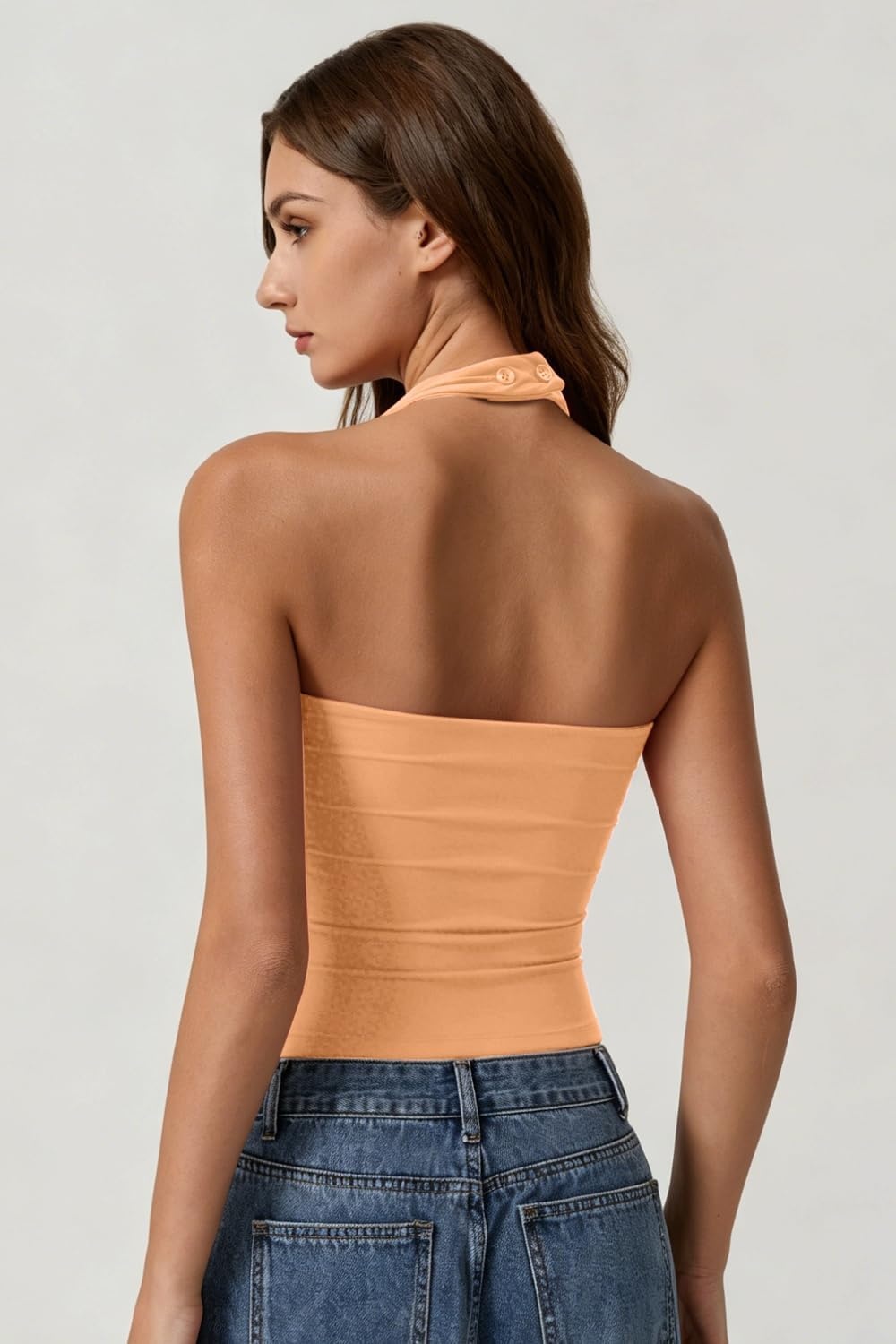 image:imageQINSEN Womens Halter Tank Top Button Closure Cropped Going Out Cami TopsCoral