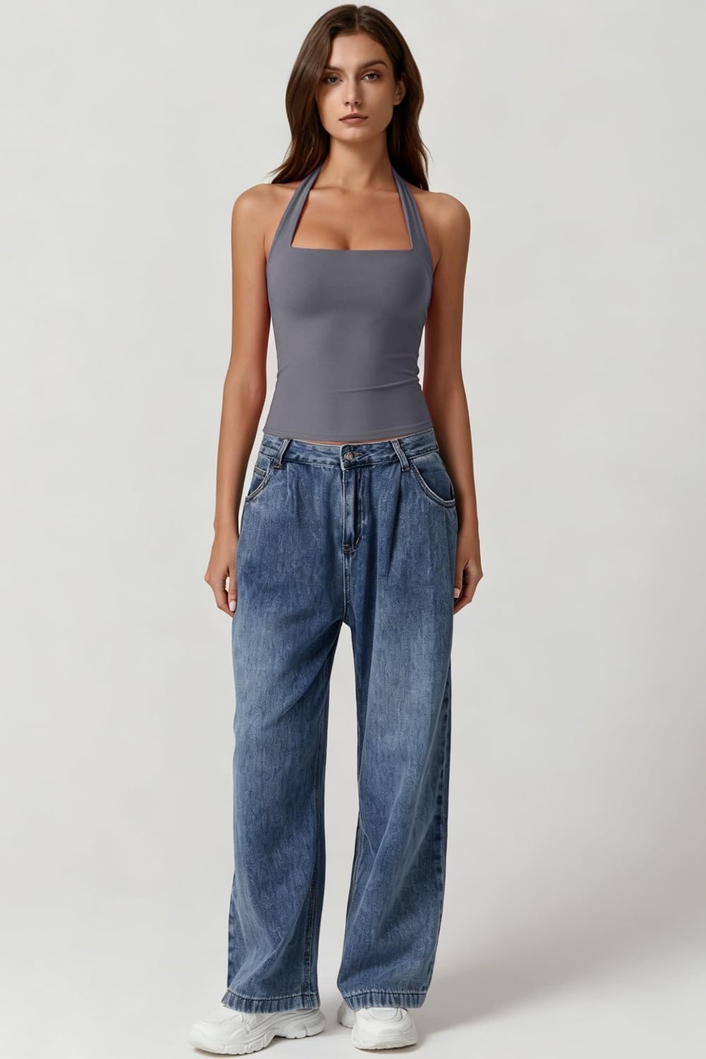 image:imageQINSEN Womens Halter Tank Top Button Closure Cropped Going Out Cami TopsDark Grey