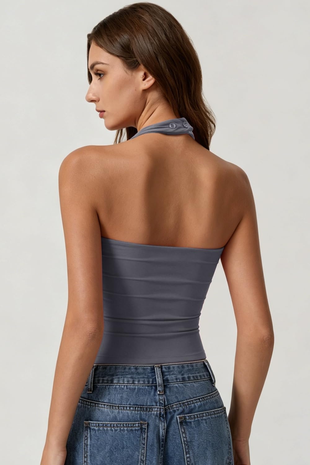 image:imageQINSEN Womens Halter Tank Top Button Closure Cropped Going Out Cami TopsDark Grey