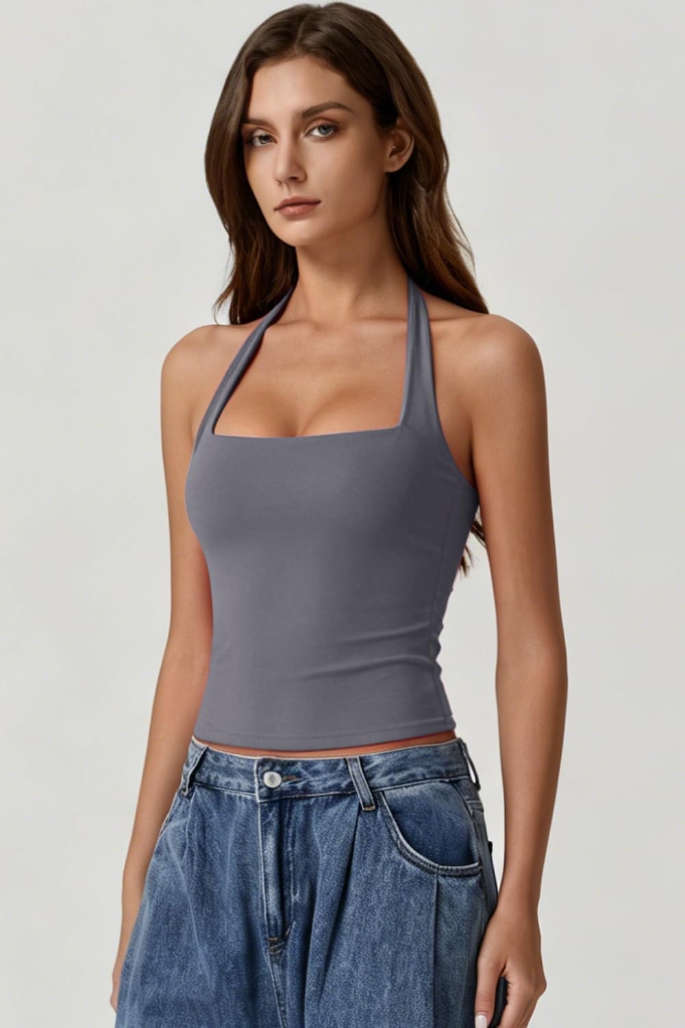 image:imageQINSEN Womens Halter Tank Top Button Closure Cropped Going Out Cami TopsDark Grey