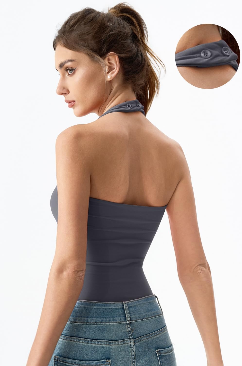 image:imageQINSEN Womens Halter Tank Top Button Closure Cropped Going Out Cami TopsDark Grey