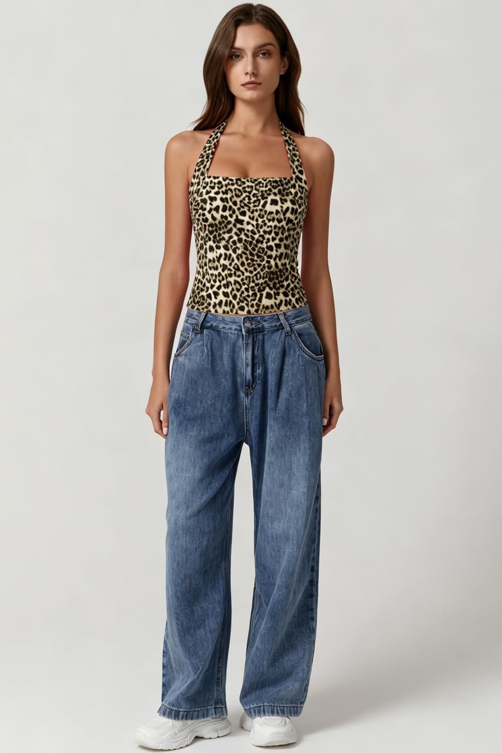 image:imageQINSEN Womens Halter Tank Top Button Closure Cropped Going Out Cami TopsLeopard Print