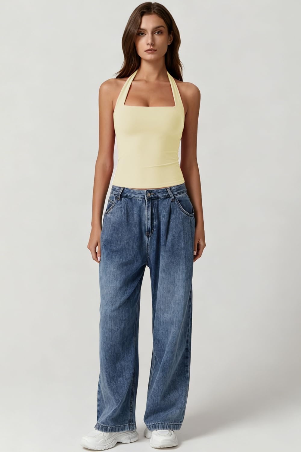 image:imageQINSEN Womens Halter Tank Top Button Closure Cropped Going Out Cami TopsLight Yellow