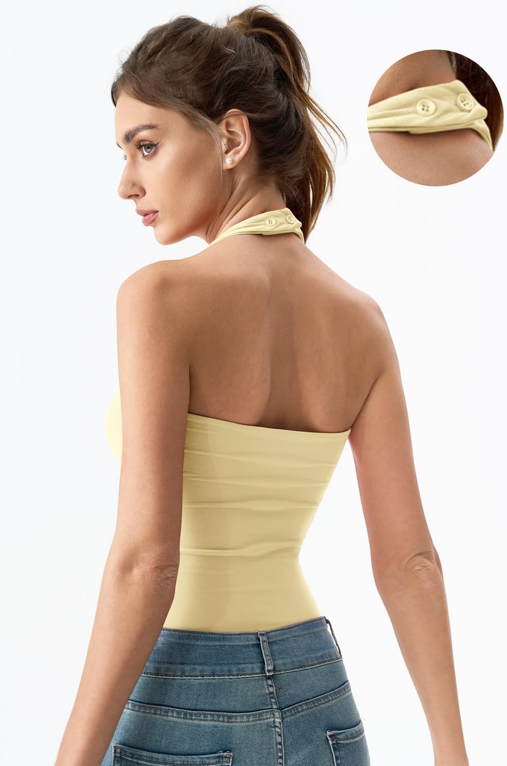 image:imageQINSEN Womens Halter Tank Top Button Closure Cropped Going Out Cami TopsLight Yellow