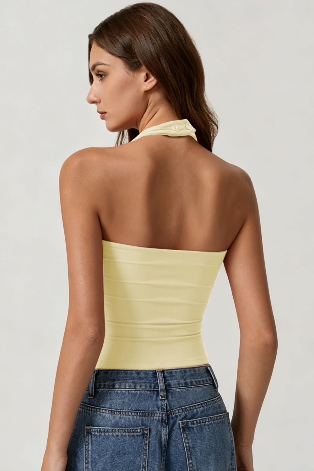 image:imageQINSEN Womens Halter Tank Top Button Closure Cropped Going Out Cami TopsLight Yellow