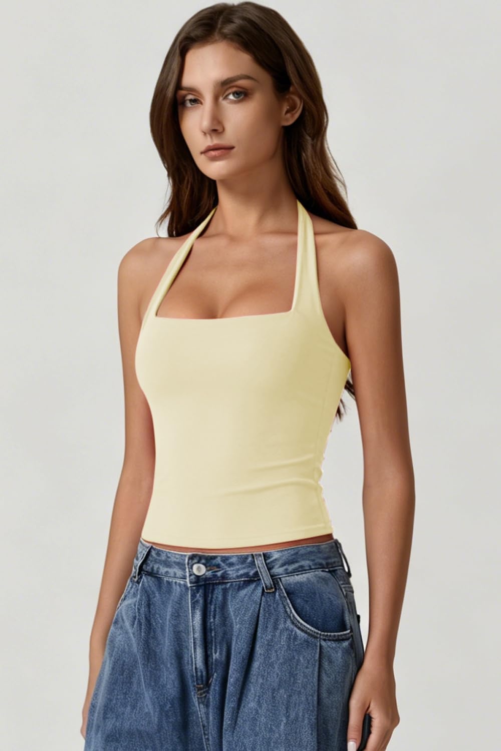 image:imageQINSEN Womens Halter Tank Top Button Closure Cropped Going Out Cami TopsLight Yellow