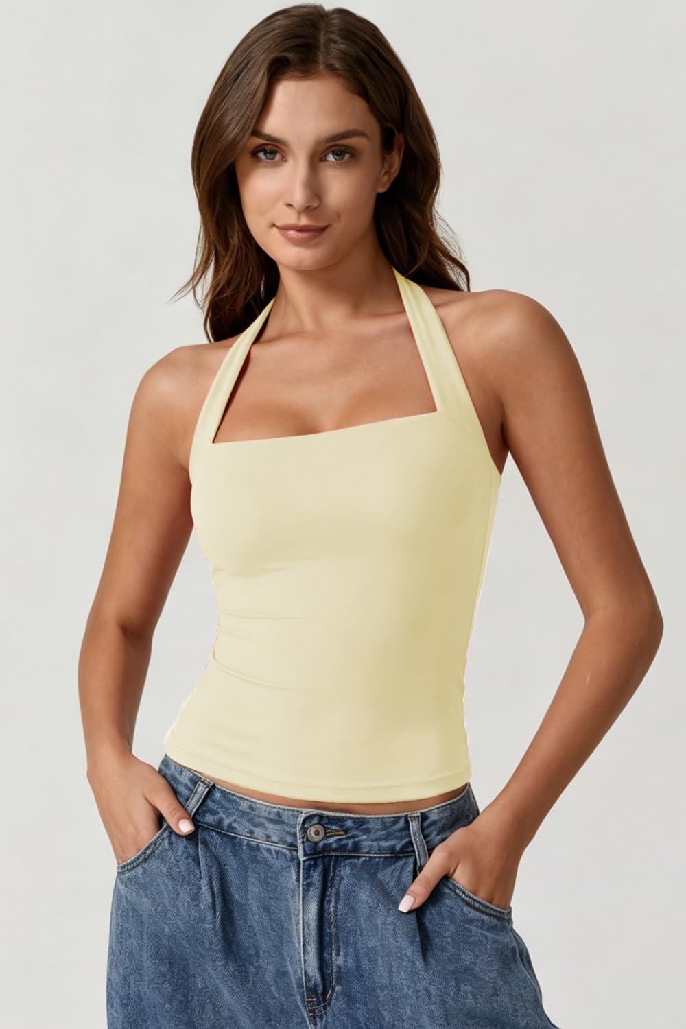 image:imageQINSEN Womens Halter Tank Top Button Closure Cropped Going Out Cami TopsLight Yellow