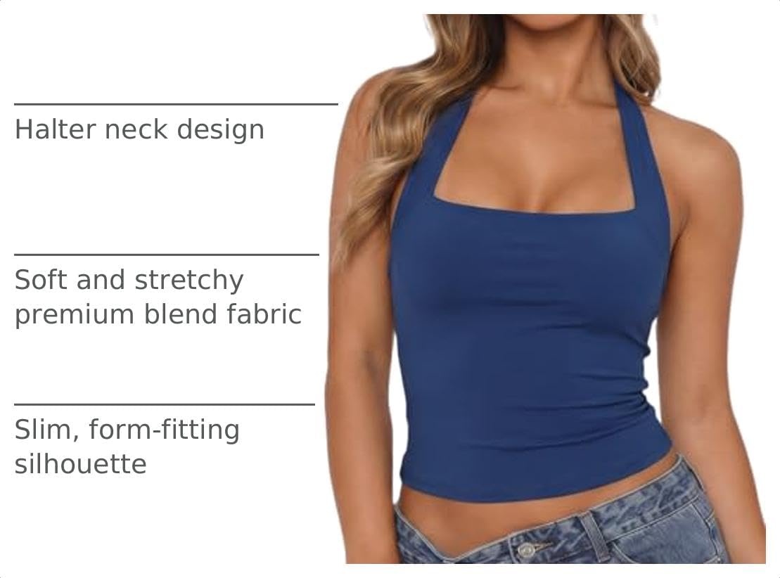 image:imageQINSEN Womens Halter Tank Top Button Closure Cropped Going Out Cami TopsNavy
