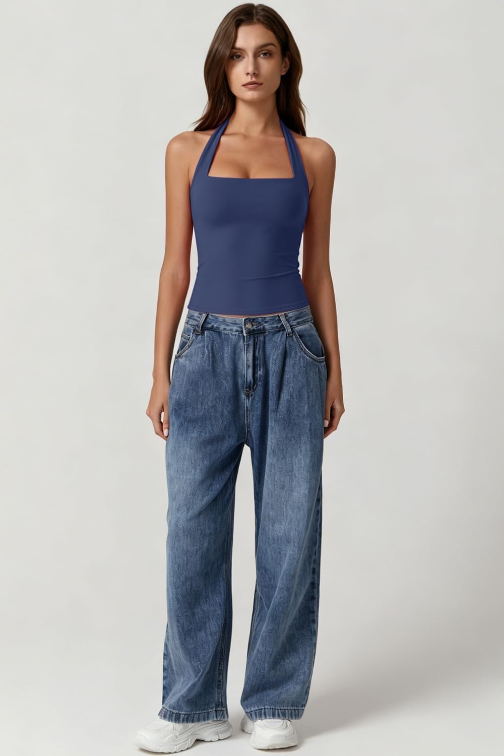 image:imageQINSEN Womens Halter Tank Top Button Closure Cropped Going Out Cami TopsNavy