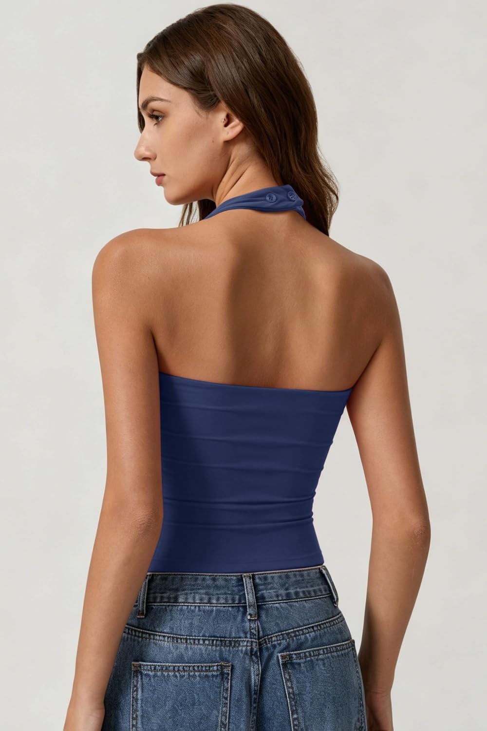 image:imageQINSEN Womens Halter Tank Top Button Closure Cropped Going Out Cami TopsNavy