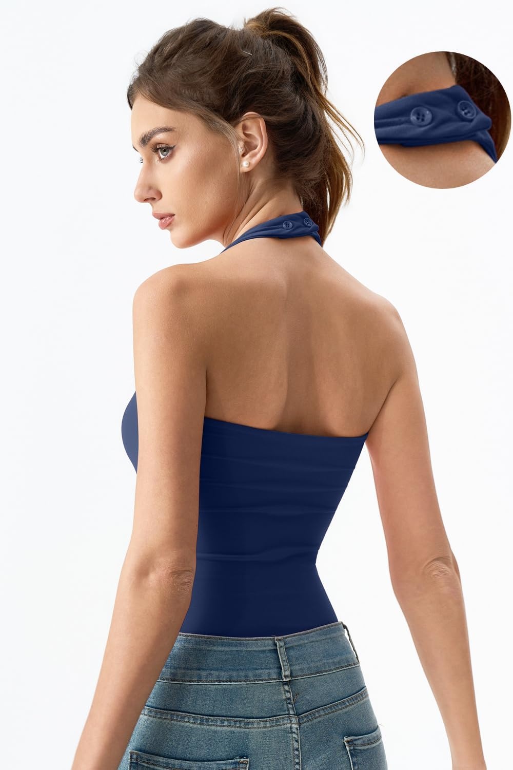 image:imageQINSEN Womens Halter Tank Top Button Closure Cropped Going Out Cami TopsNavy
