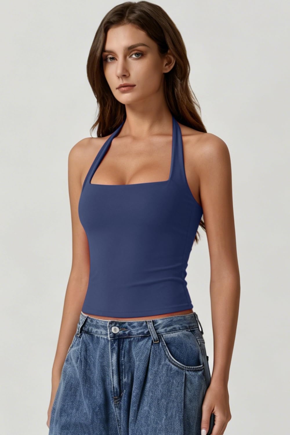 image:imageQINSEN Womens Halter Tank Top Button Closure Cropped Going Out Cami TopsNavy