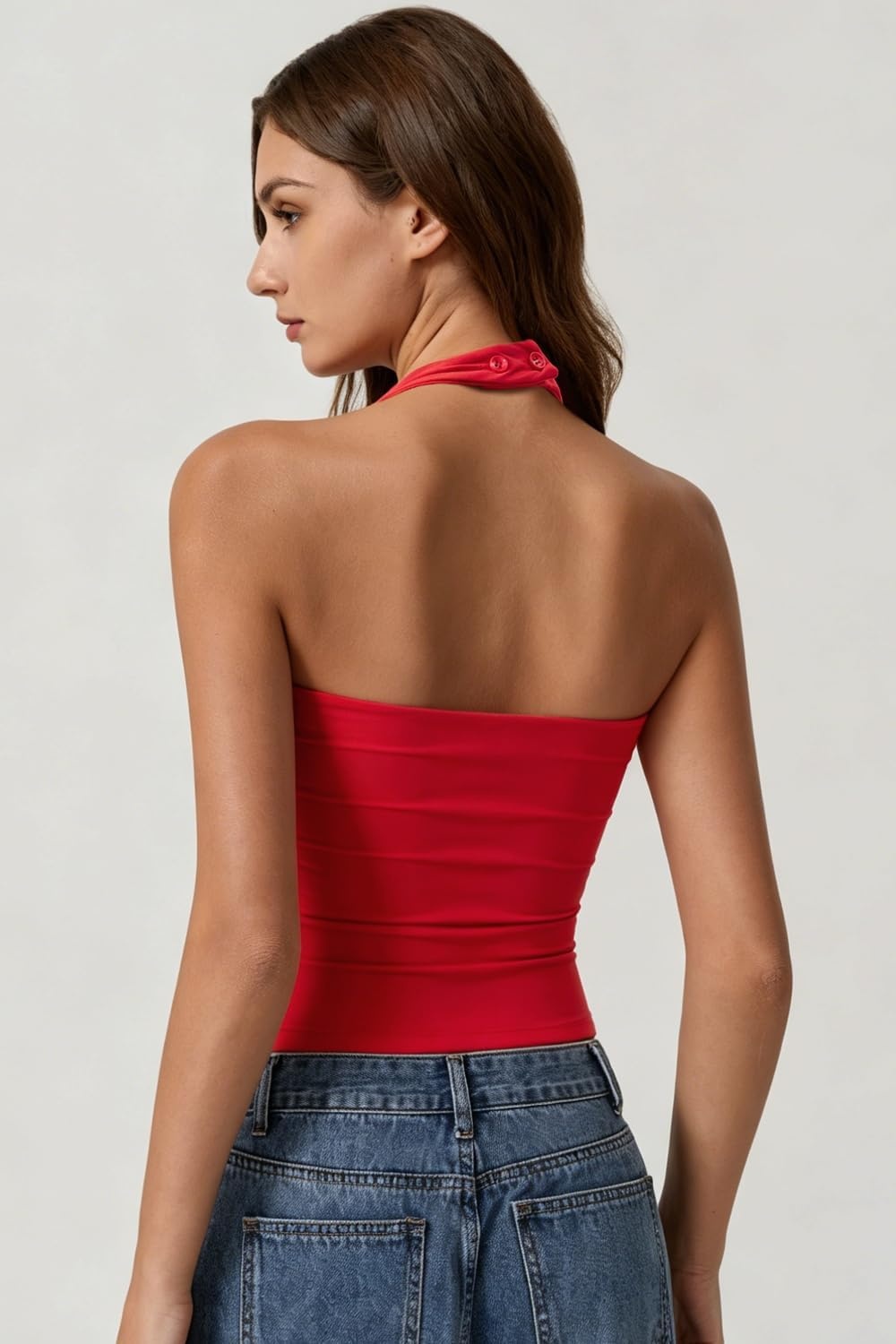 image:imageQINSEN Womens Halter Tank Top Button Closure Cropped Going Out Cami TopsRed