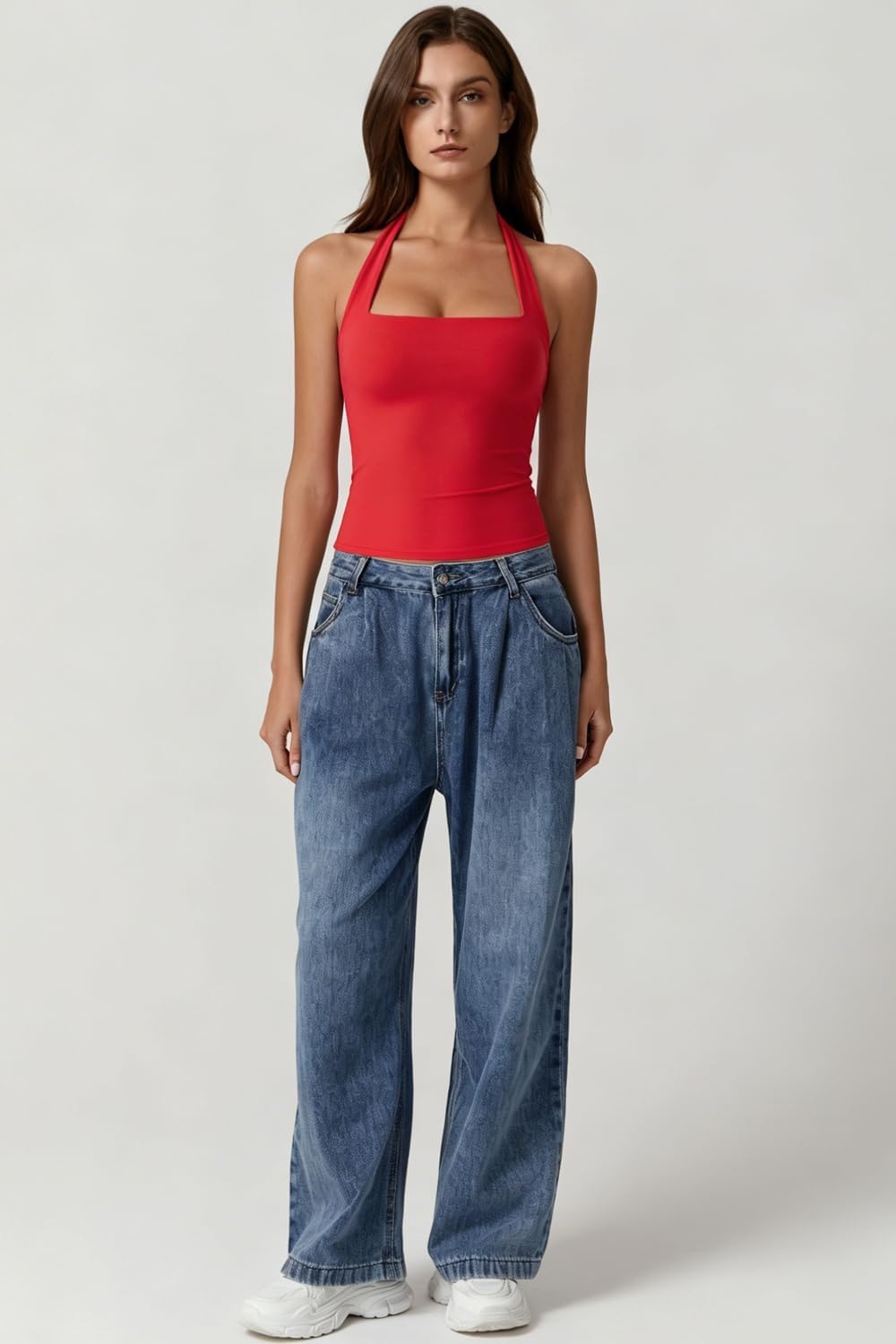 image:imageQINSEN Womens Halter Tank Top Button Closure Cropped Going Out Cami TopsRed