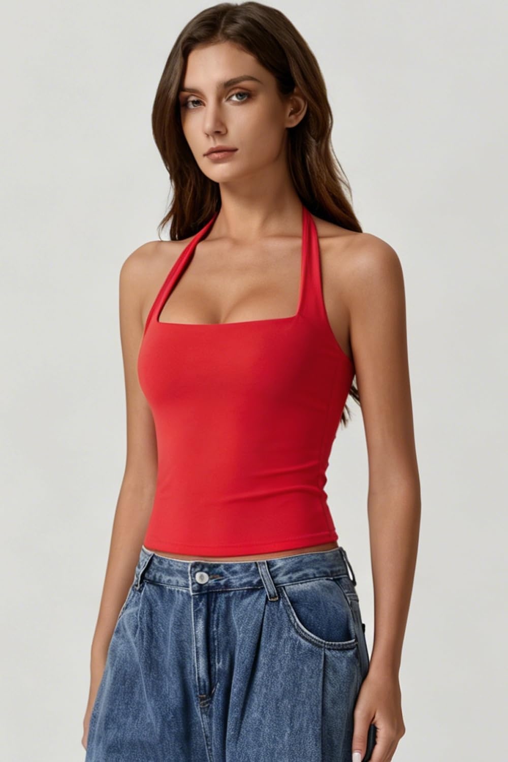 image:imageQINSEN Womens Halter Tank Top Button Closure Cropped Going Out Cami TopsRed
