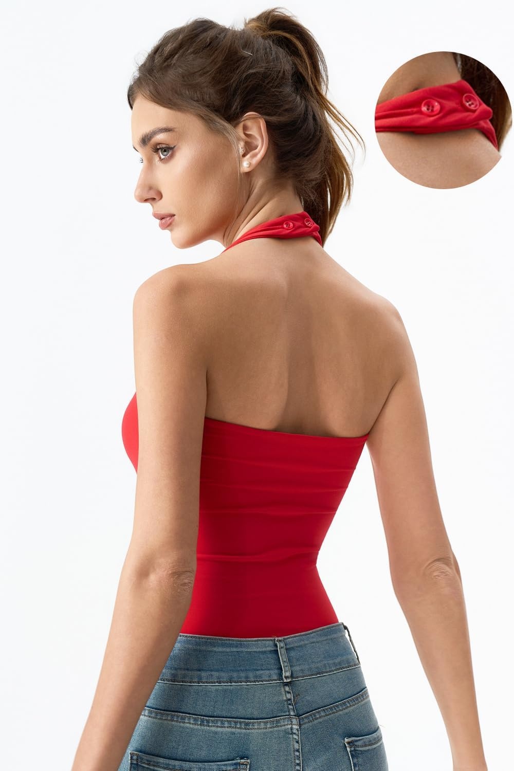 image:imageQINSEN Womens Halter Tank Top Button Closure Cropped Going Out Cami TopsRed