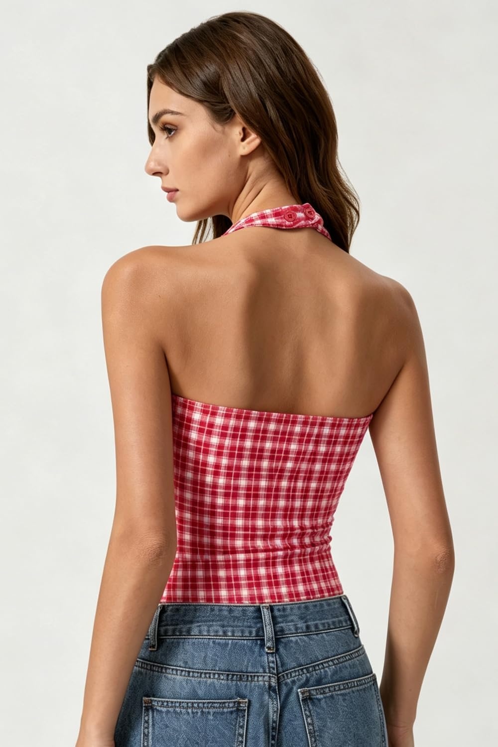 image:imageQINSEN Womens Halter Tank Top Button Closure Cropped Going Out Cami TopsRed Plaid