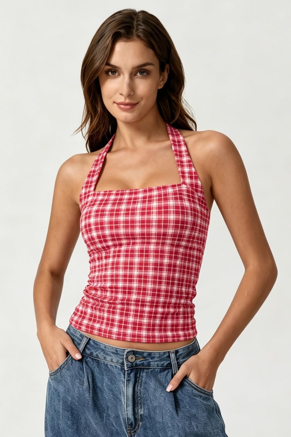 image:imageQINSEN Womens Halter Tank Top Button Closure Cropped Going Out Cami TopsRed Plaid