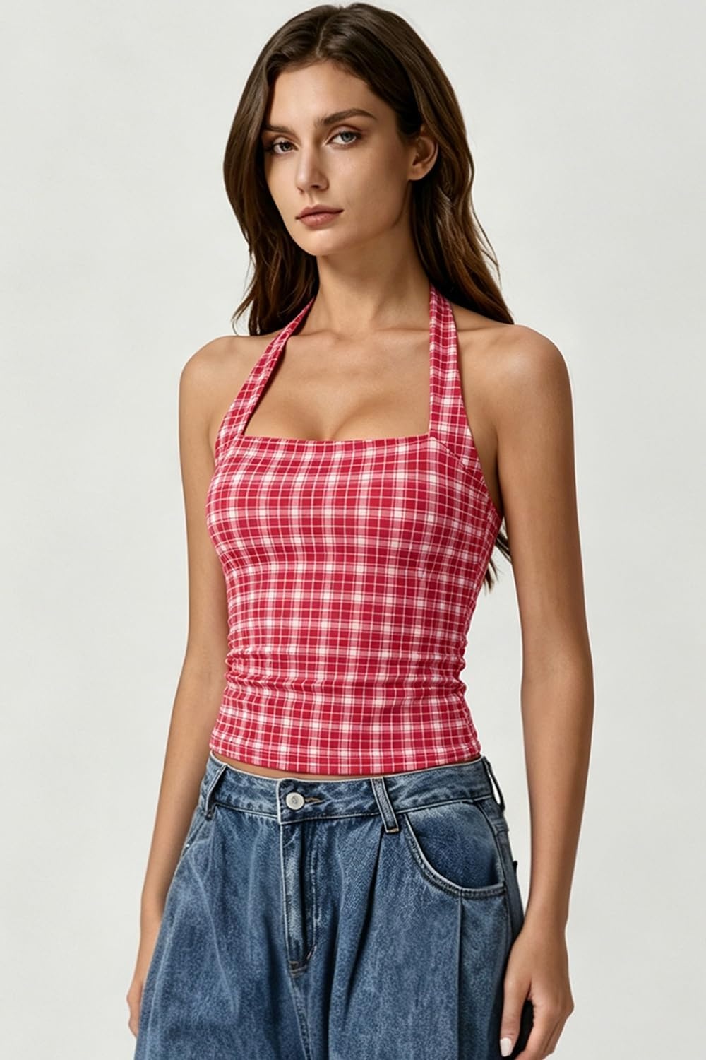 image:imageQINSEN Womens Halter Tank Top Button Closure Cropped Going Out Cami TopsRed Plaid