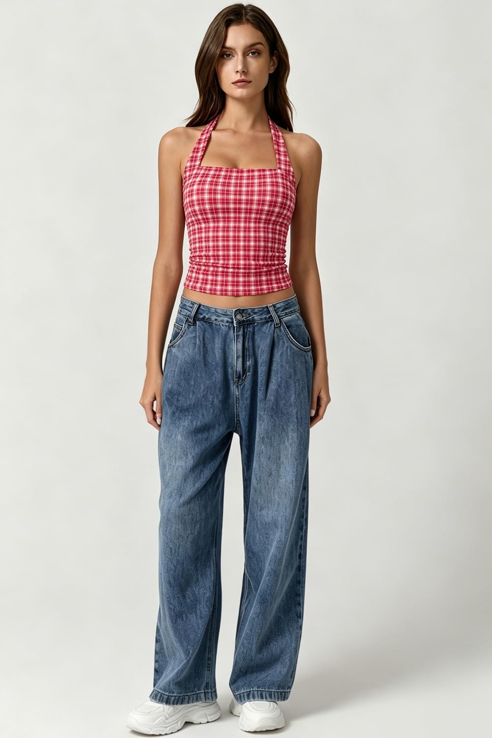 image:imageQINSEN Womens Halter Tank Top Button Closure Cropped Going Out Cami TopsRed Plaid