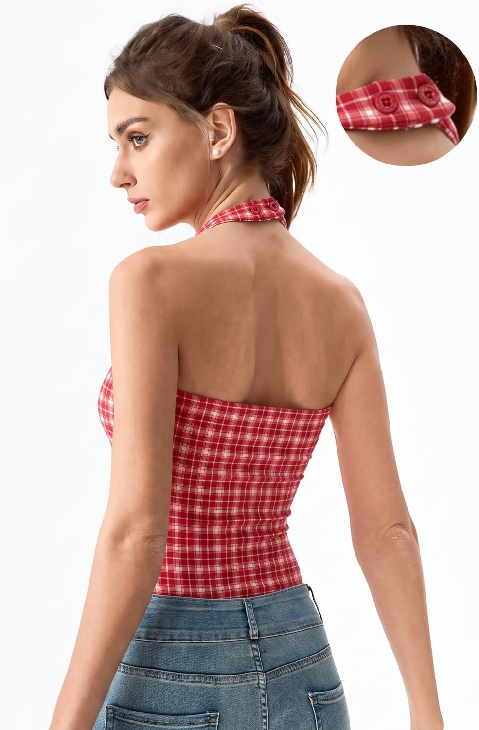image:imageQINSEN Womens Halter Tank Top Button Closure Cropped Going Out Cami TopsRed Plaid